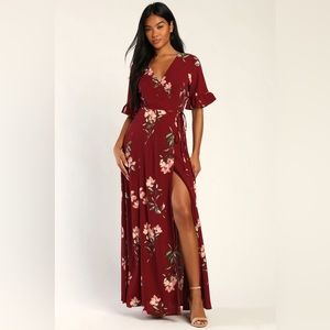 Lulus September Sunsets Burgundy Floral Print Wrap Maxi Dress NEW
